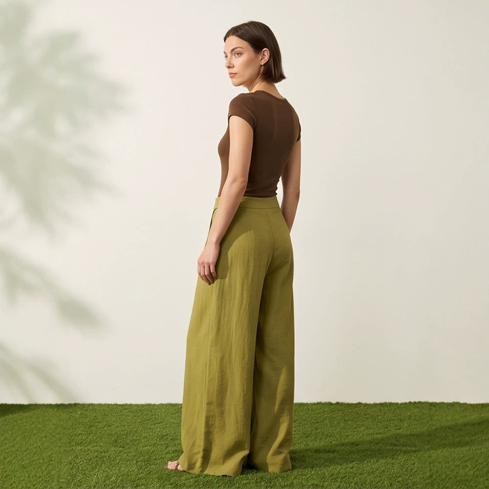 Women's High-Waist Wrap Palazzo Pants with Wide Leg and Flowing Linen Look Amarae