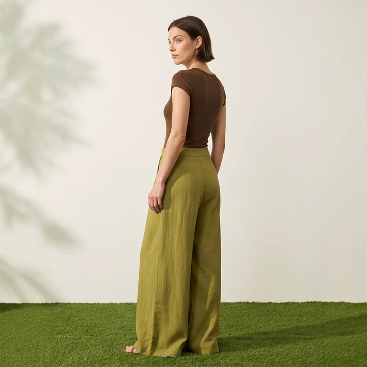 Women's High-Waist Wrap Palazzo Pants with Wide Leg and Flowing Linen Look Amarae
