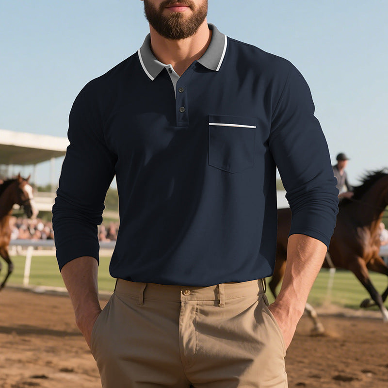 Men's long-sleeved polo shirt with elegant button placket and practical chest pocket Lune London