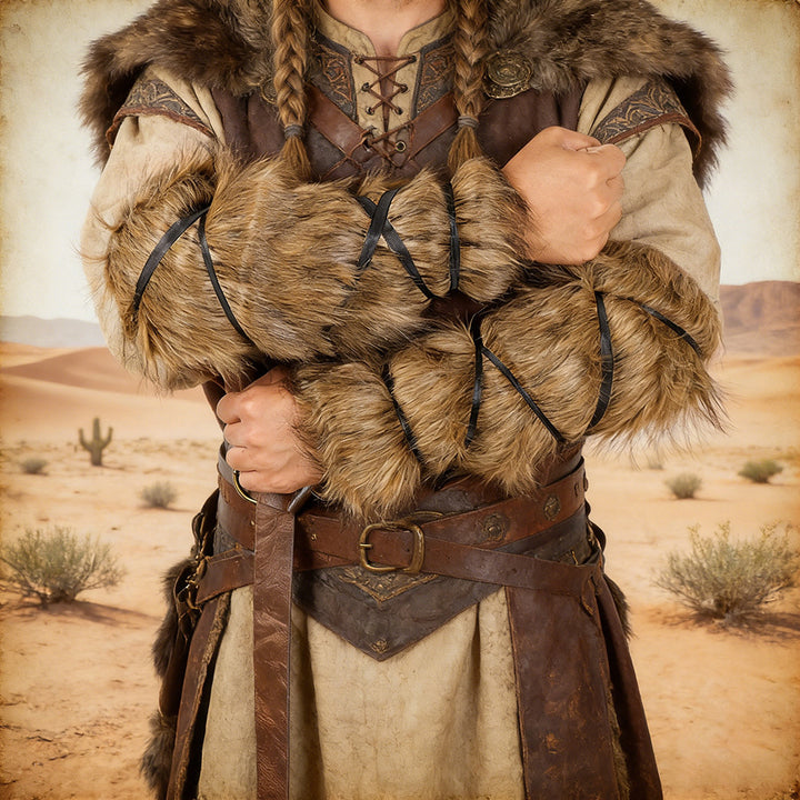 Men's Viking-inspired faux fur arm cuffs with adjustable wrap straps Amarae