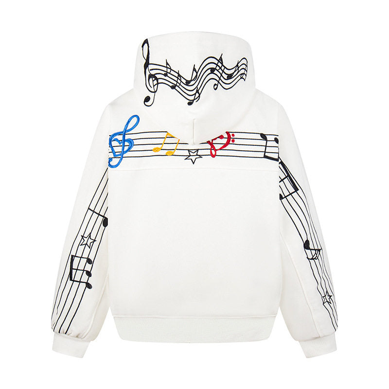 Women's Oversized Hoodie with Musical Notes Embroidery and Ribbed Hem Amarae