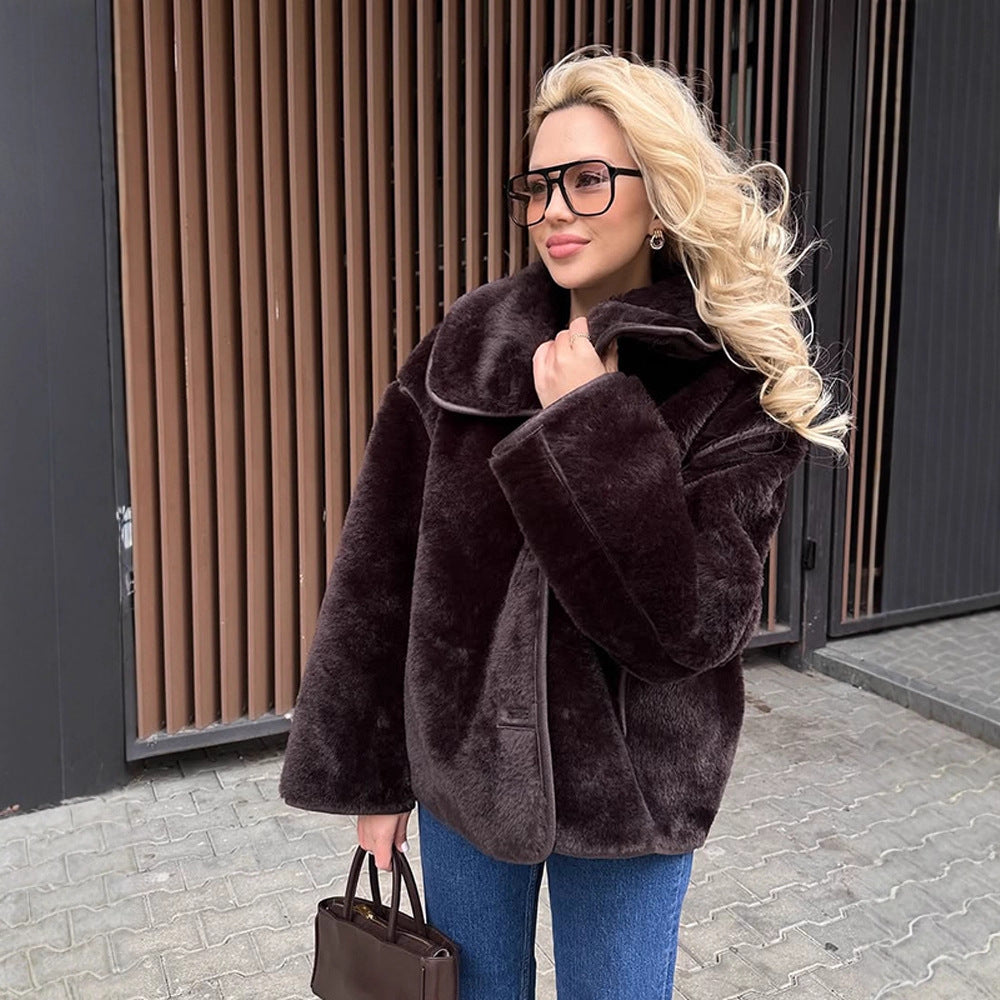 Women's Boxy Faux Fur Jacket with Voluminous Shawl Collar and Boxy Silhouette Amarae