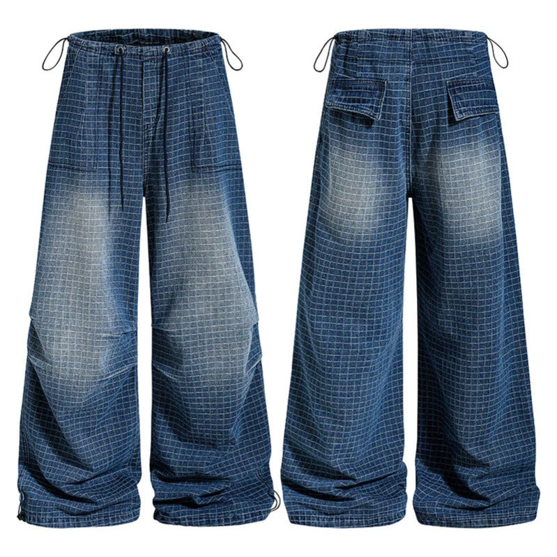Women's Loose High-Waist Culotte Jeans with Drawstring, Check Pattern and Adjustable Hem Amarae