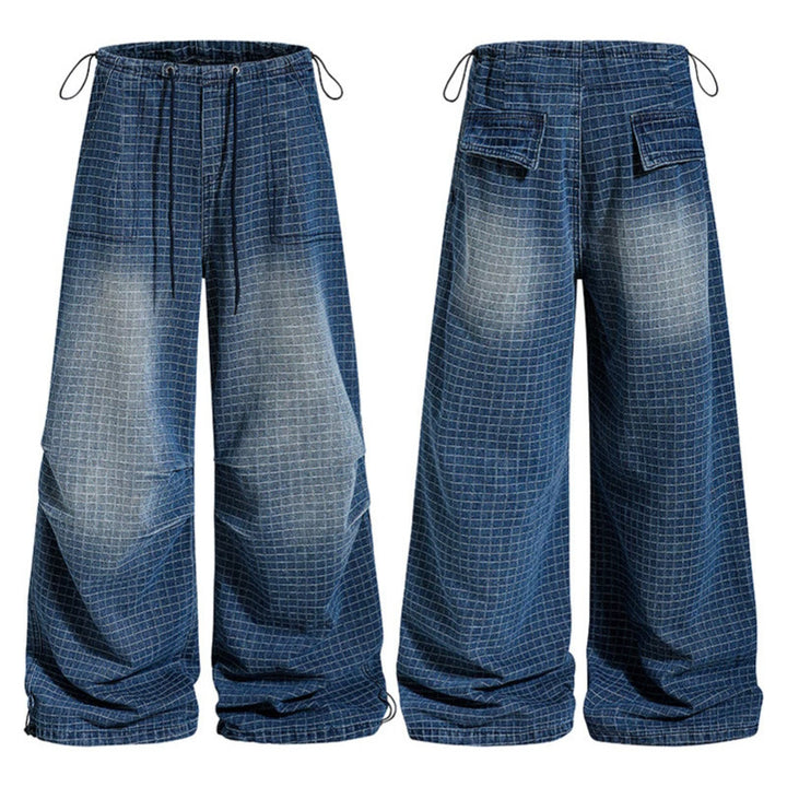 Women's Loose High-Waist Culotte Jeans with Drawstring, Check Pattern and Adjustable Hem Amarae