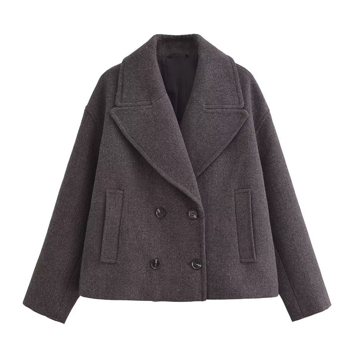 Women's Cropped Wool Blend Cab Jacket with Oversized Lapels and Patch Pockets Amarae
