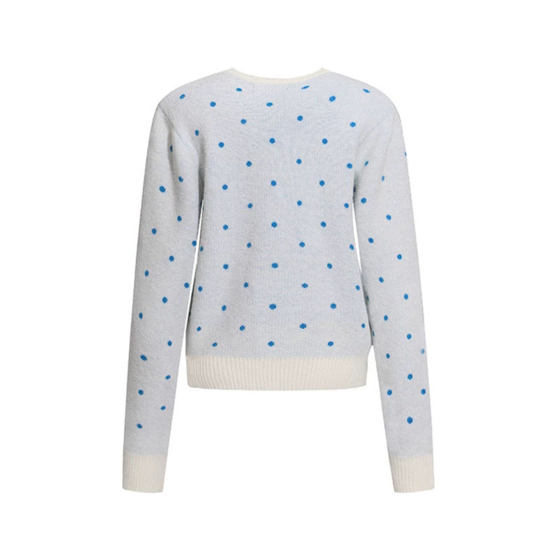 Women's knit cardigan with round neck, polka dot jacquard and decorative badge Amarae