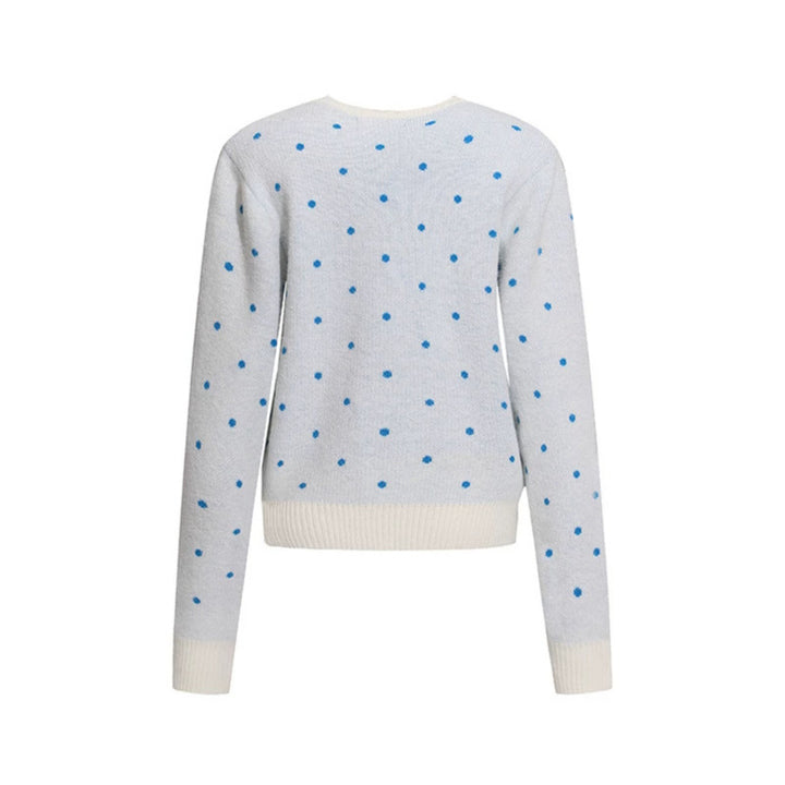 Women's knit cardigan with round neck, polka dot jacquard and decorative badge Amarae