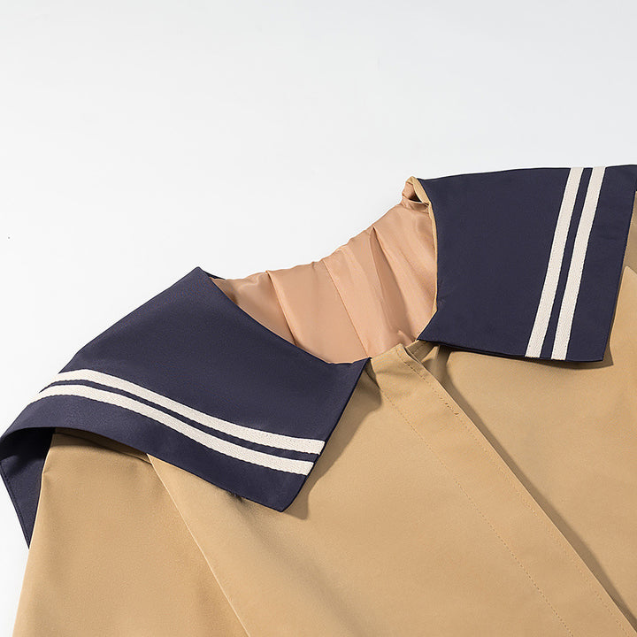 Women's trench coat with oversized sailor collar, waist belt, and concealed button placket Amarae