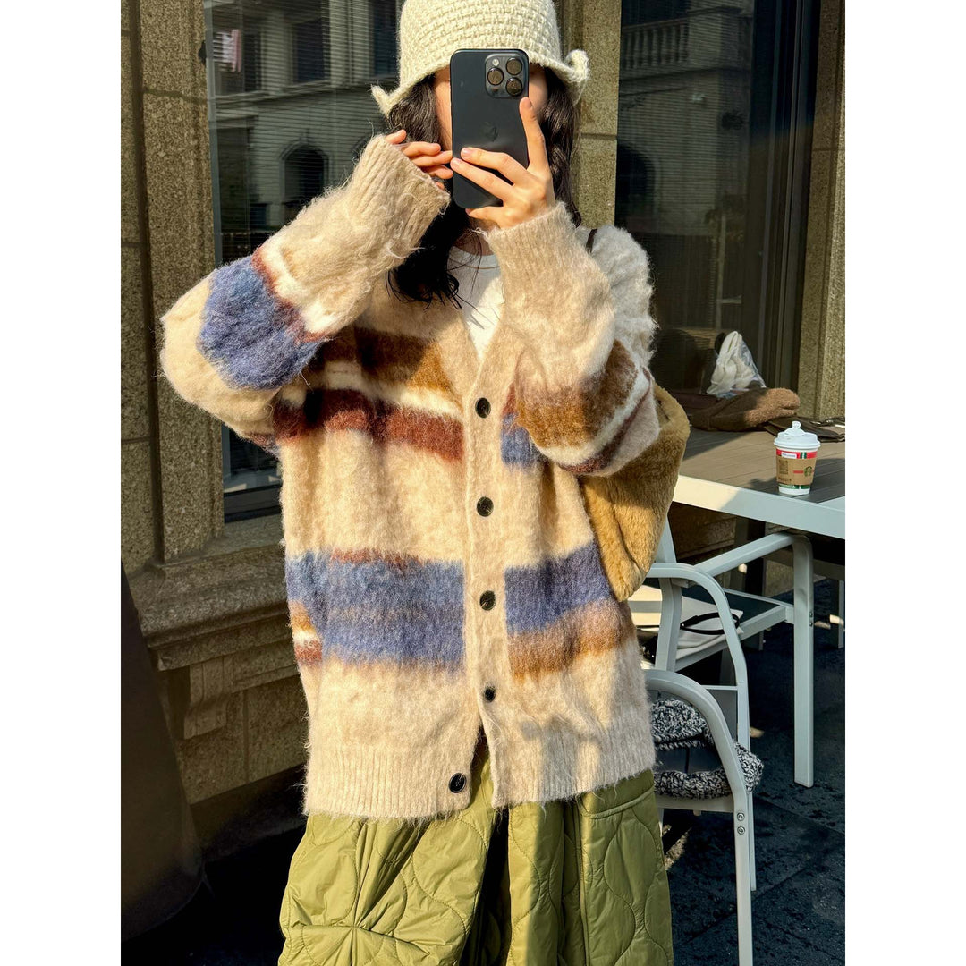 Women Cozy Mohair-Optics Checkered Button Cardigan with Oversize Silhouette Amarae