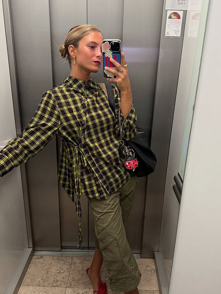 Ladies Checked Shirt Blouse with Drawstring Waist and Loose Fit Amarae