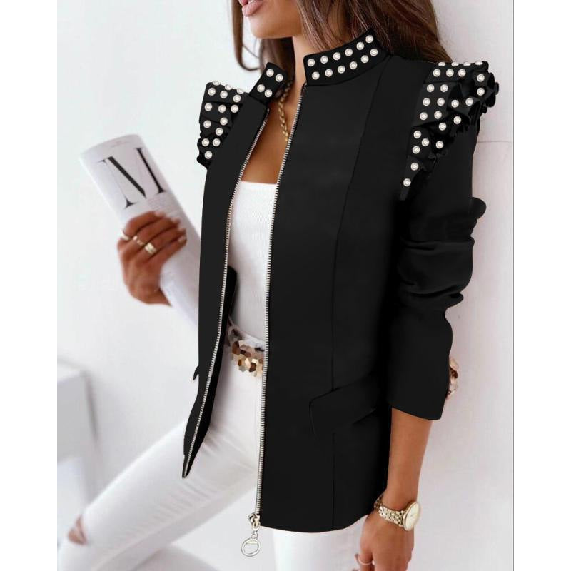 Women's leopard print statement jacket with ruffle shoulder and zipper Amarae