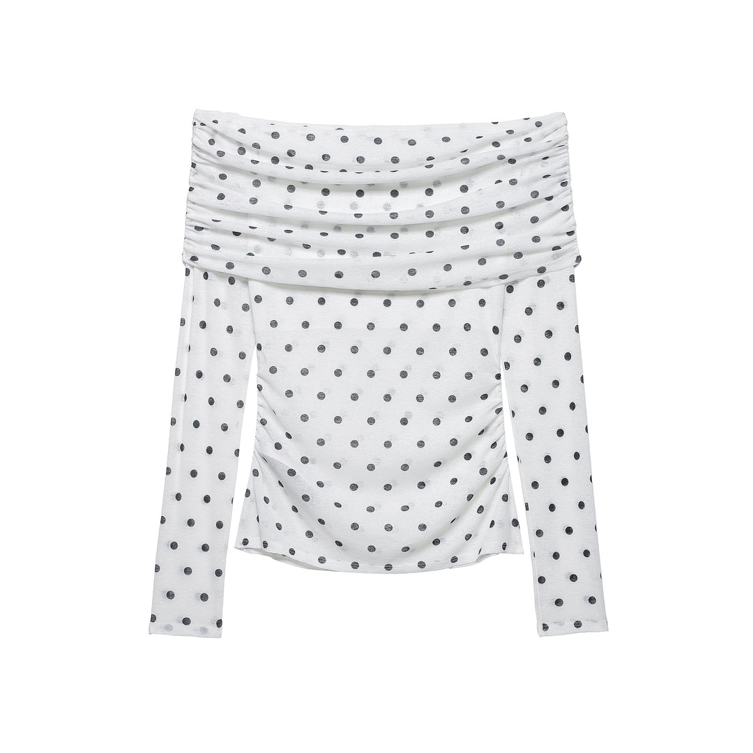 Women's Off-Shoulder Long Sleeve Top with Draped Overlap Collar and Polka Dot Pattern Amarae