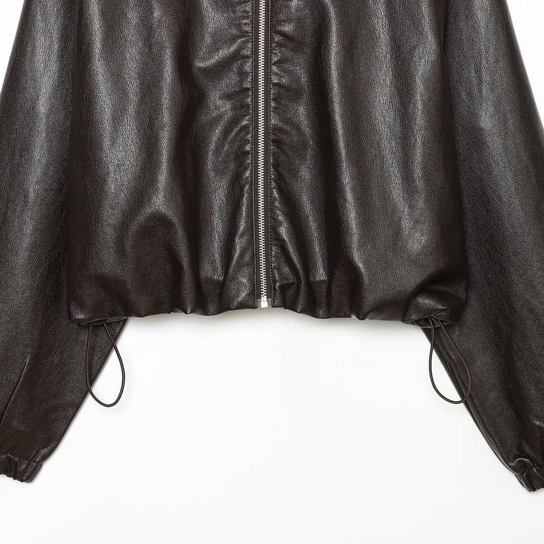 Women's Cropped Faux Leather Bomber Jacket with Hood, Drawstring and Elastic Cuffs Amarae
