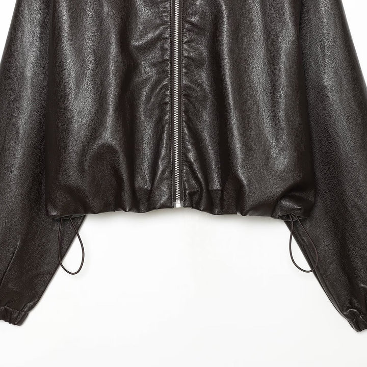 Women's Cropped Faux Leather Bomber Jacket with Hood, Drawstring and Elastic Cuffs Amarae