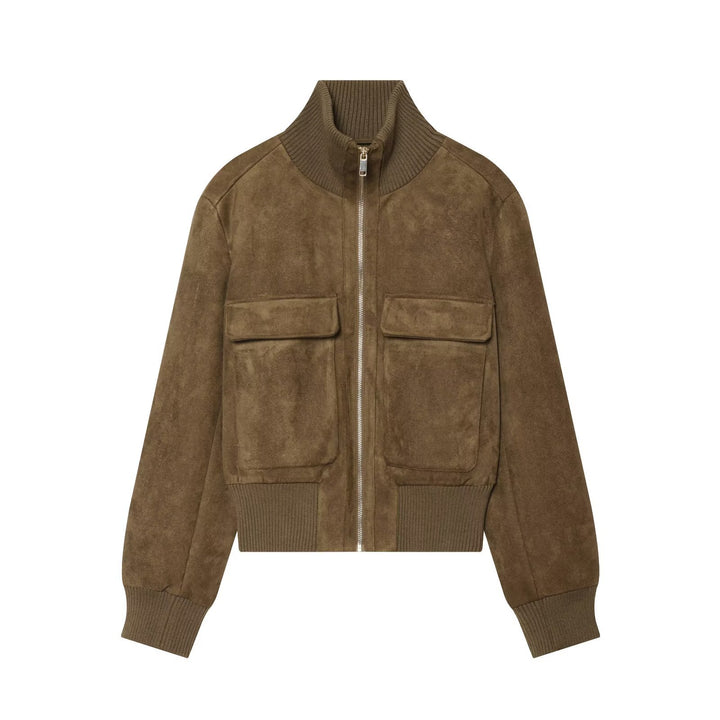 Women's suede look bomber jacket with ribbed collar and patch pockets Amarae