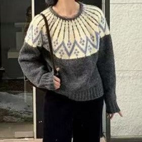 Ladies Comfortable Knit Sweater with Geometric Print and Round Neck Amarae