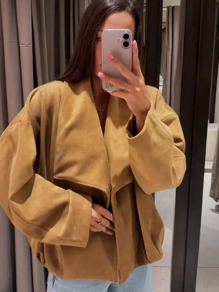 Womens Oversized Velvet Waterfall Jacket with boxy Cropped Silhouette and concealed Placket