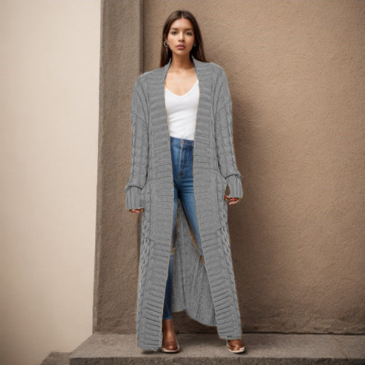 Ladies Long knit cardigan with structured twisted pattern and practical pockets Lune London