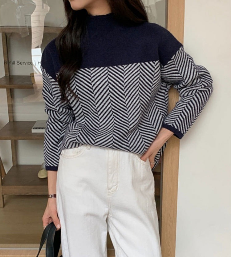 Women chunky knit sweater with high neck and zigzag pattern Lune London