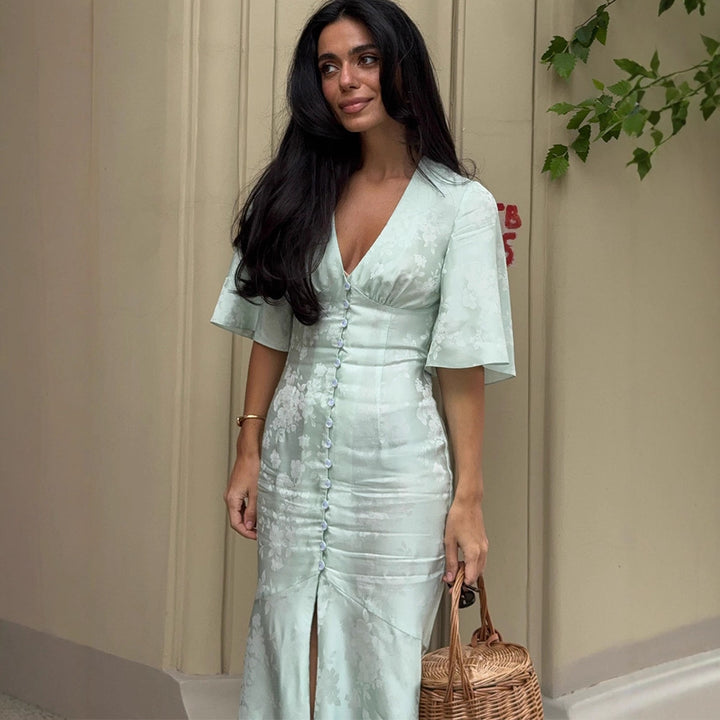 Women's mid dress made of jacquard with V-neck, decorative button placket, and front slit Amarae