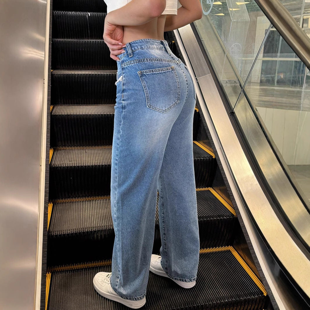 Ladies high-waisted wide jeans pants with straight leg and lace trim Amarae