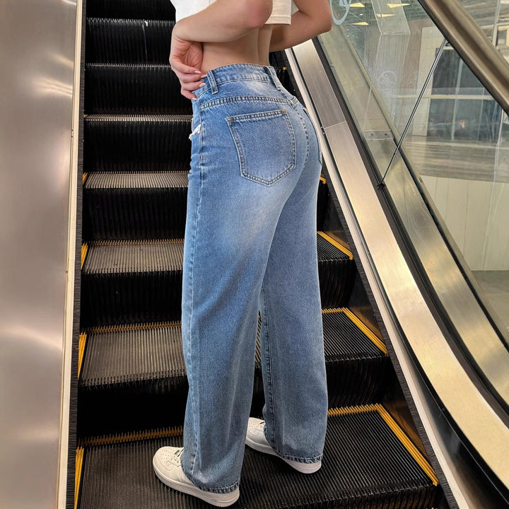 Ladies high-waisted wide jeans pants with straight leg and lace trim Amarae