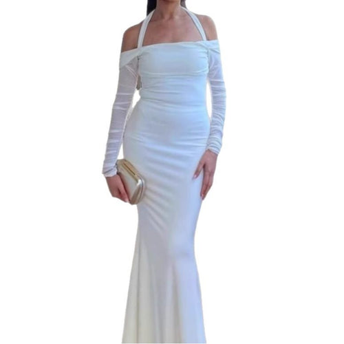 Ladies Elegant Maxi Dress Off-Shoulder with Thin Spaghetti Straps and Chic Transparent Sleeves and Style