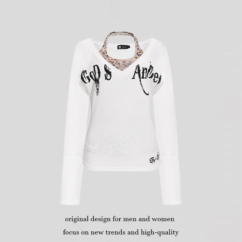 Women's Layered Long Sleeve Shirt with Integrated Halter Neck and Vintage Graphic Amarae