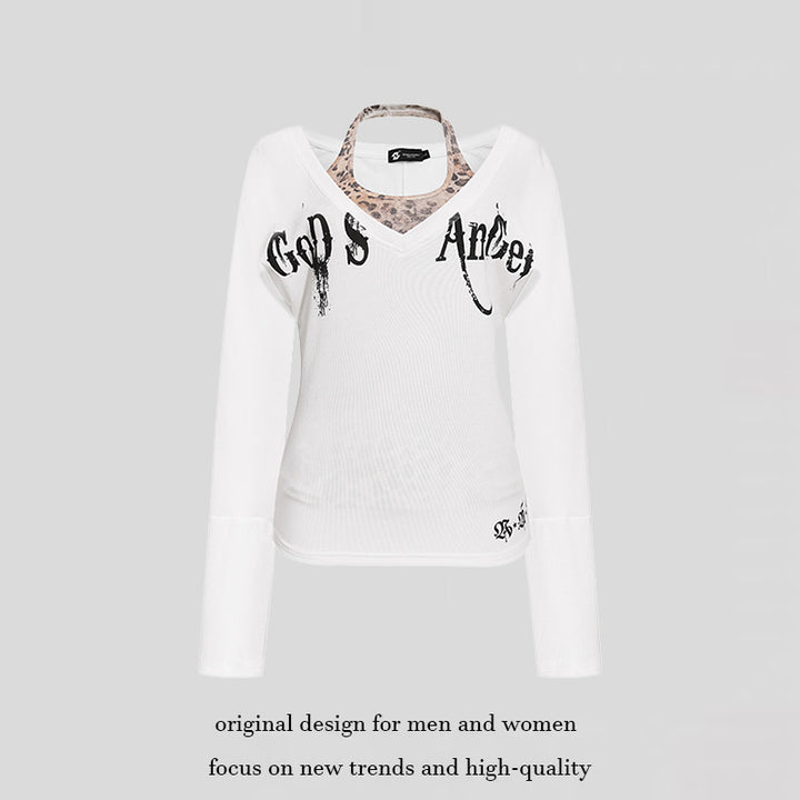 Women's Layered Long Sleeve Shirt with Integrated Halter Neck and Vintage Graphic Amarae