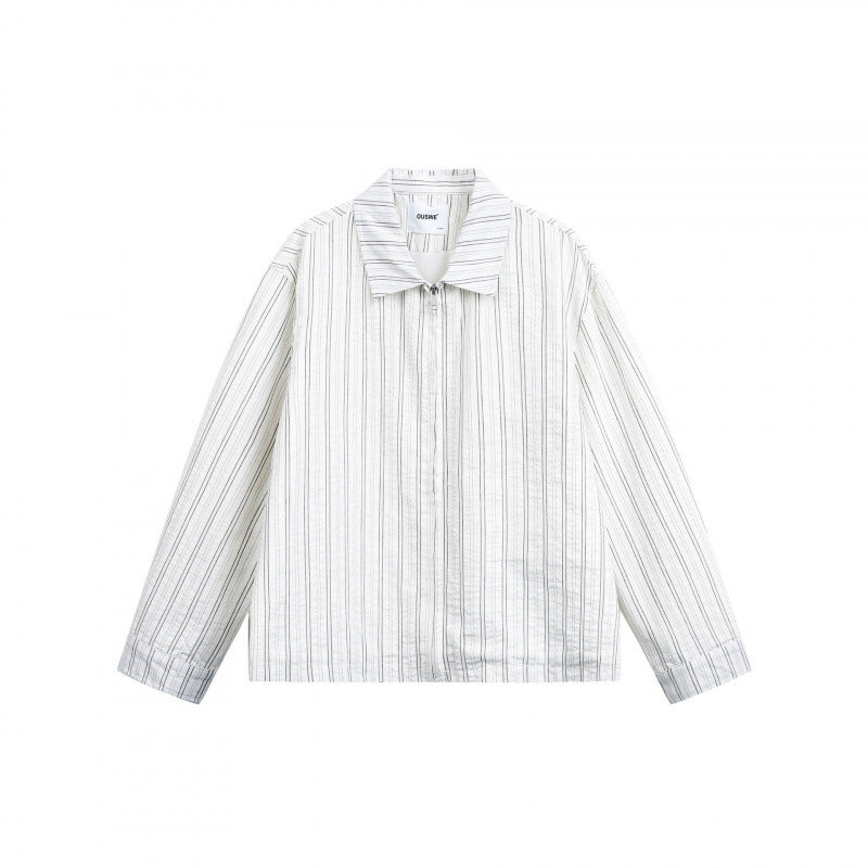 Unisex Striped Overshirt Jacket with Shirt Collar and Concealed Zipper Amarae