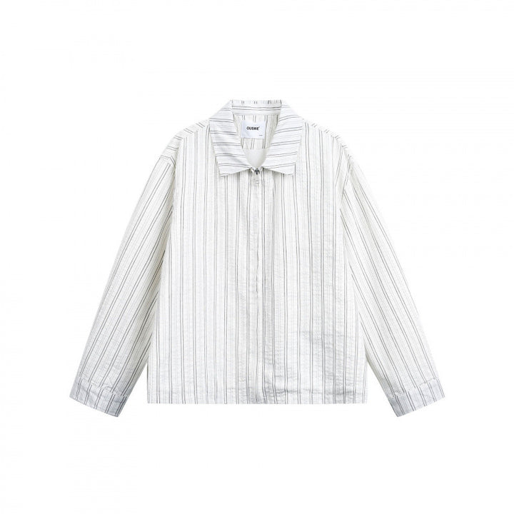 Unisex Striped Overshirt Jacket with Shirt Collar and Concealed Zipper Amarae