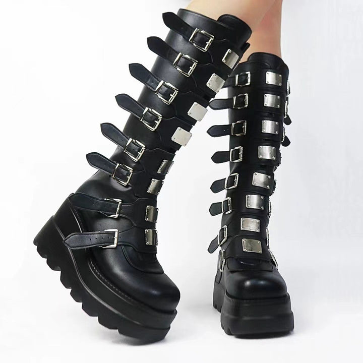 Women's platform knee-high gothic biker boots with multiple buckles and metal plates Amarae