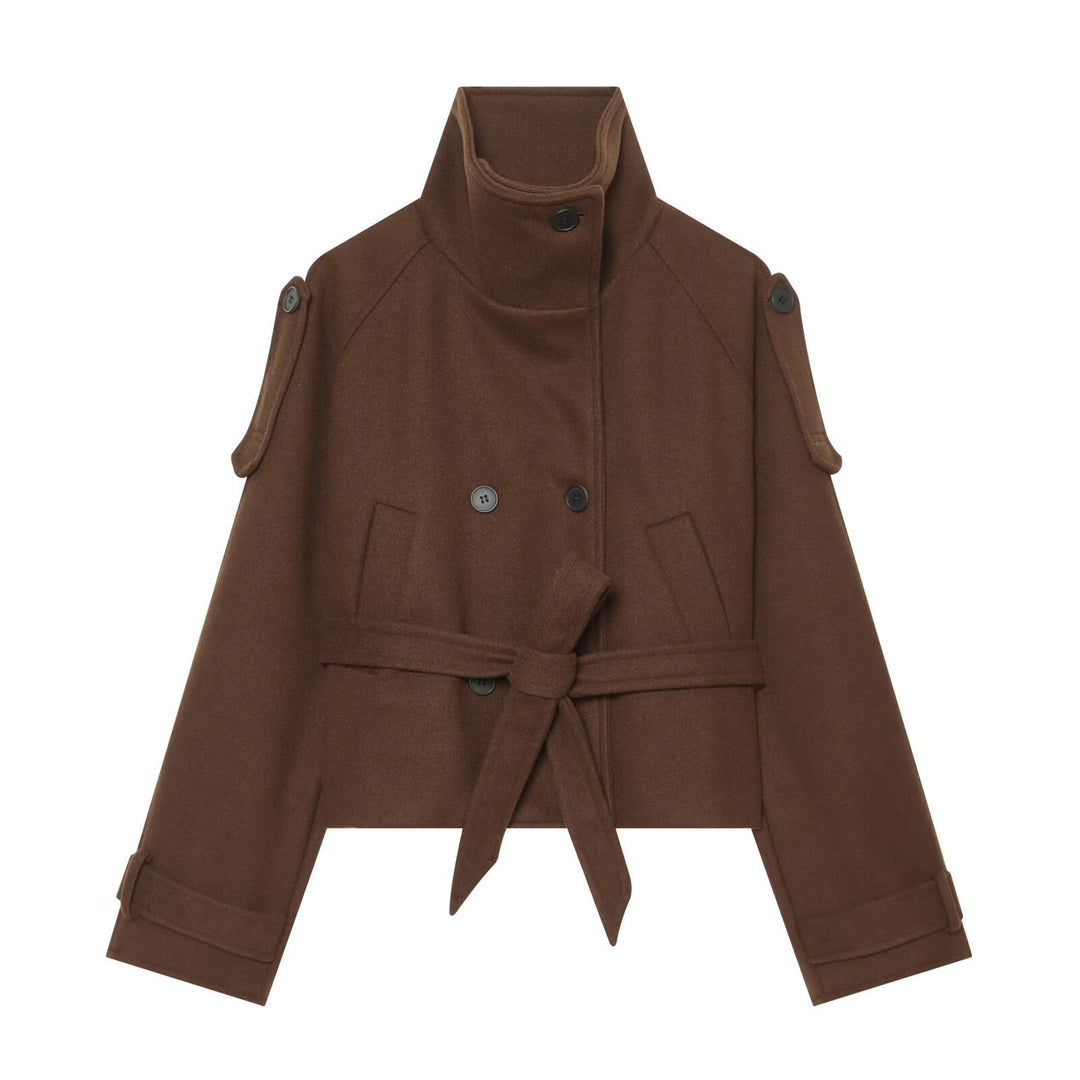 Women Short Wool Blend Cape Jacket with Waist Belt and Funnel Collar Amarae