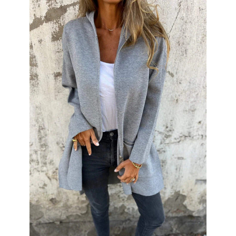 Women’s Hooded Long Cardigan with Full Zip and Decorative Pockets Amarae