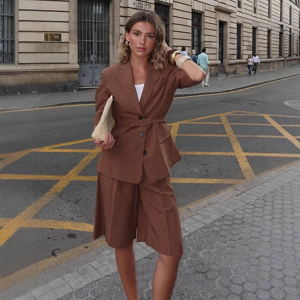 Women’s linen blend tailored blazer with belt, 3/4 sleeves & flap pockets Amarae