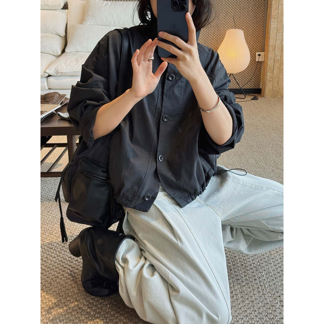Women's Cropped Transitional Jacket with Stand-up Collar and Drawstring Sleeves Amarae