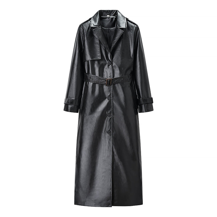 Elegant faux leather trench coat for women with tie belt Lune London