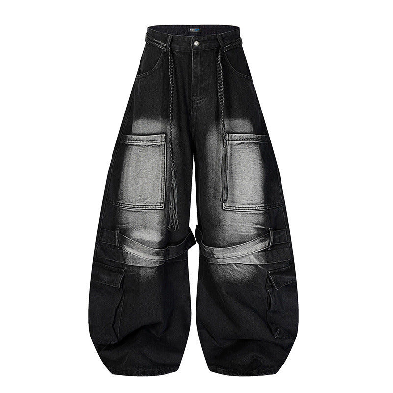 Women's wide denim cargo pants in balloon cut with large patch pockets and braided belt Amarae