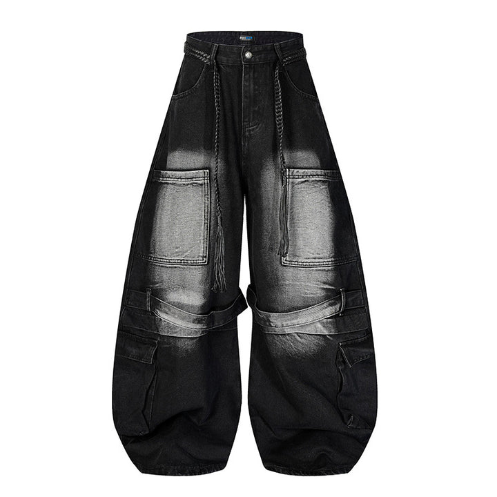 Women's wide denim cargo pants in balloon cut with large patch pockets and braided belt Amarae