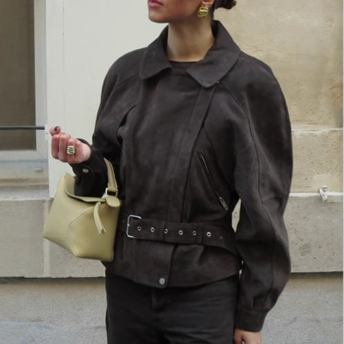 Suede jacket for women with belt at the waist and asymmetrical zipper Amarae