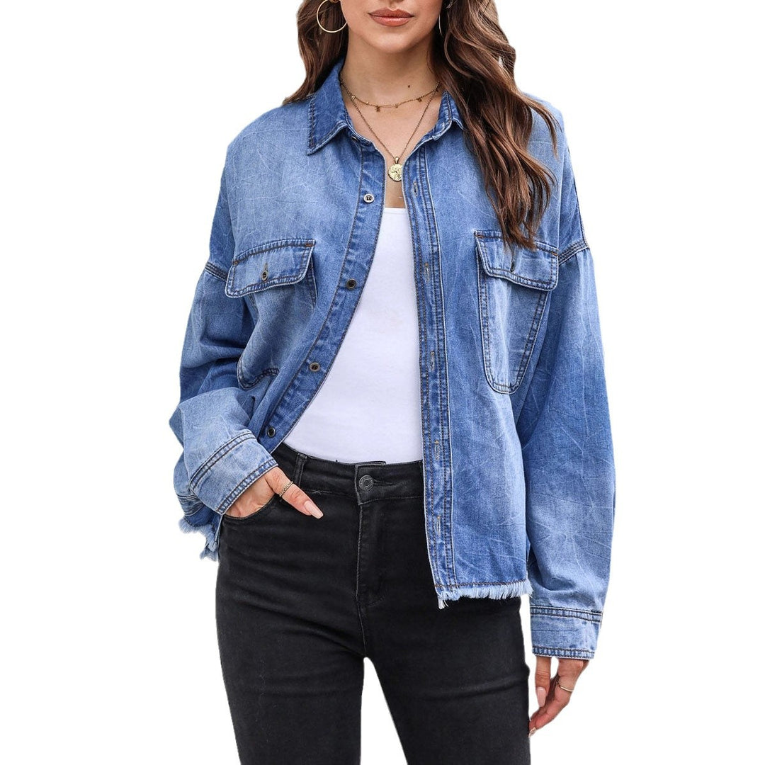 Women's Casual Denim Shirt Jacket with Fringed Cuffs and Practical Pockets Lune London