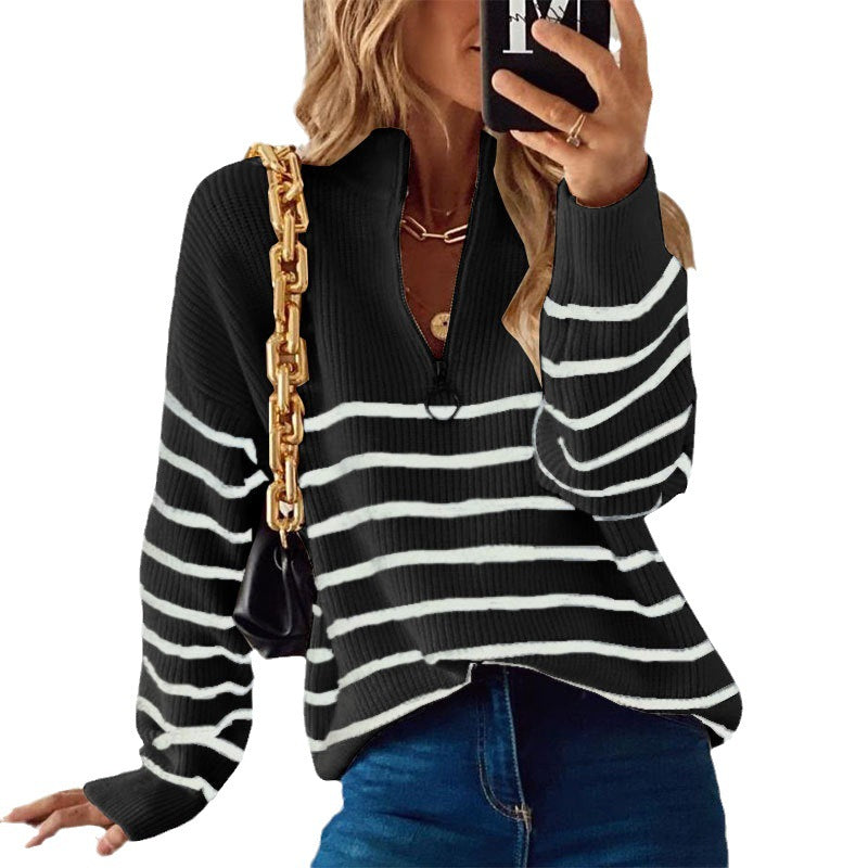 Striped women's sweater with half-zipper Lune London