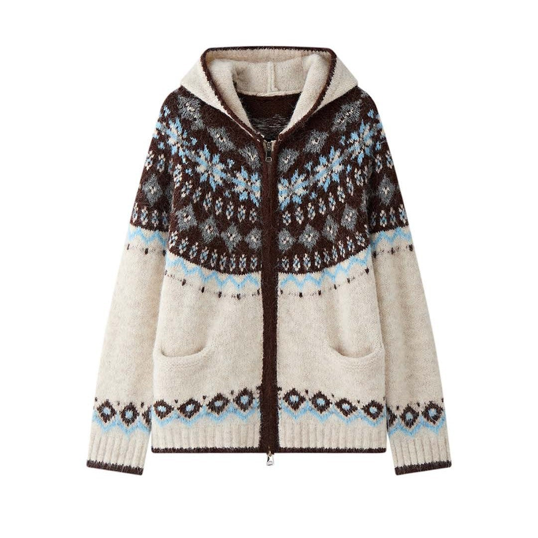 Ladies hooded cardigan made of mohair blend with Norwegian knit and zipper Amarae