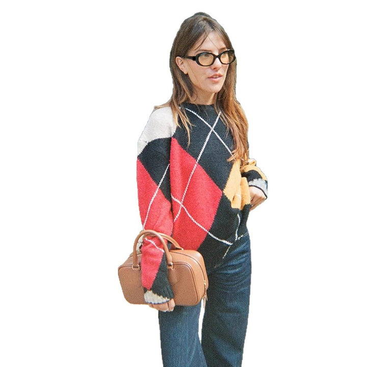 Women's Oversize Argyle Sweater made from Mohair Blend with Round Neck and Contrasting Diamond Details Amarae
