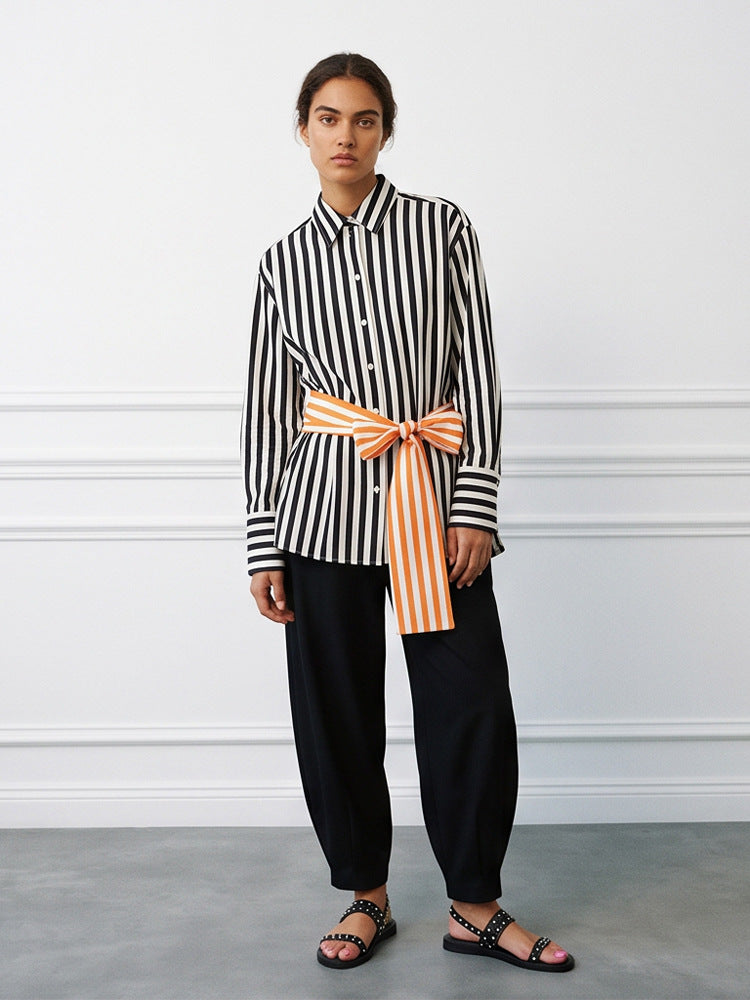 Women Vertical Striped Oversize Shirt Blouse with Boxy Silhouette and Tie Belt Amarae