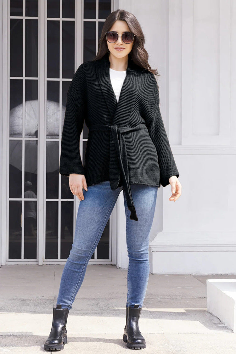 Ladies chunky knit cardigan with waist belt and open front Lune London