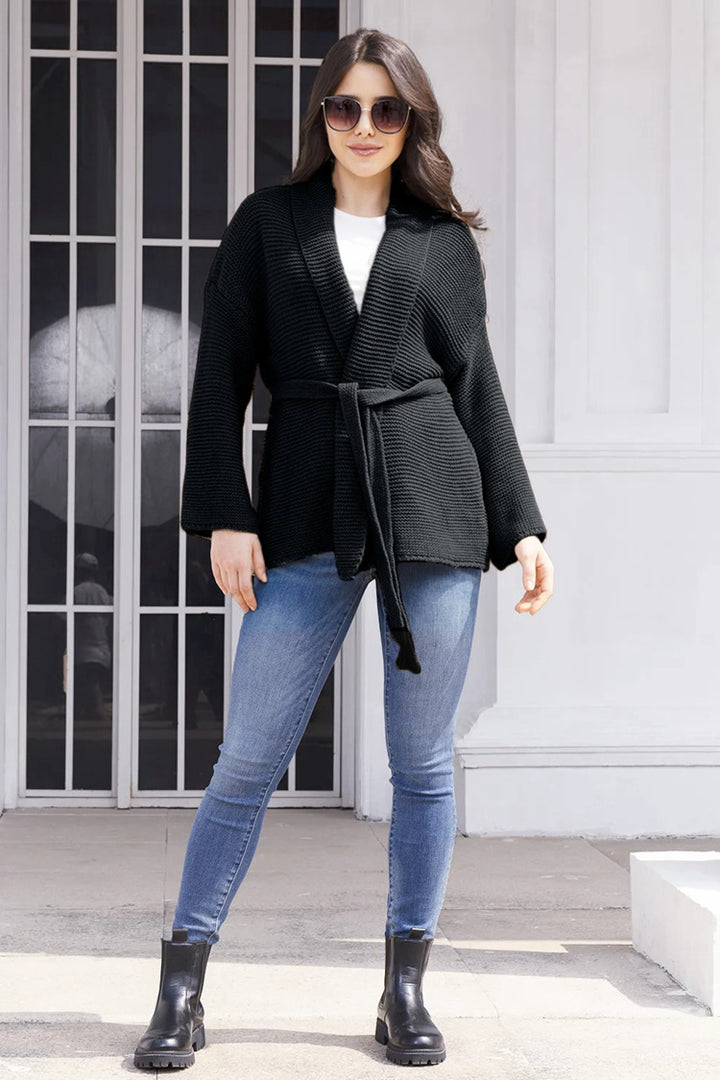 Ladies chunky knit cardigan with waist belt and open front Lune London