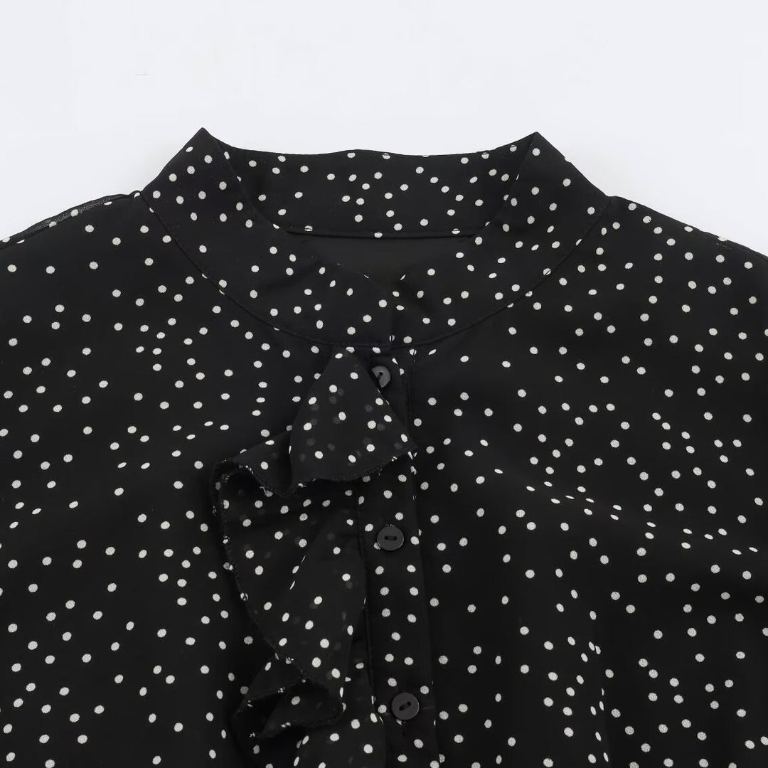 Women’s midi dress with ruffled front, stand-up collar and flared A-line skirt Amarae