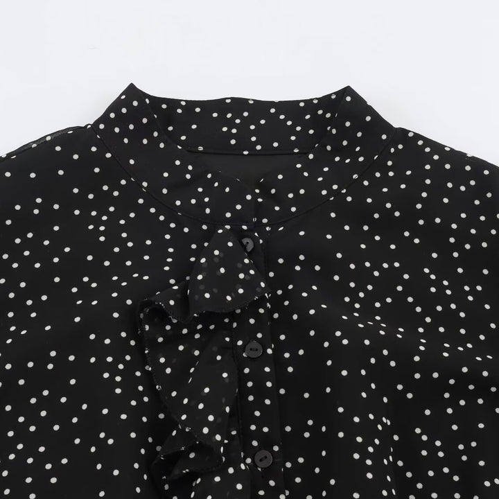 Women’s midi dress with ruffled front, stand-up collar and flared A-line skirt Amarae