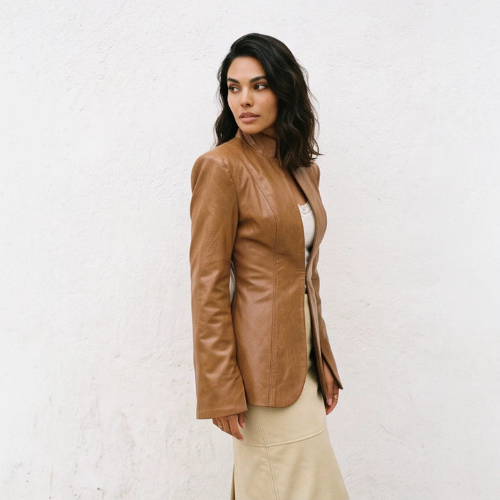 Women's tailored vegan leather blazer with sculpted seams and stand-up collar Amarae